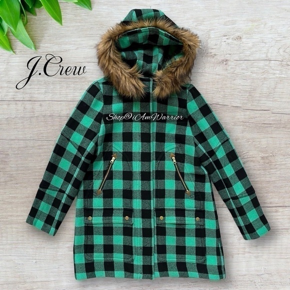 J.Crew NWT green/black buffalo plaid faux fur hooded parka *shop@iamwarrior - Picture 3 of 10